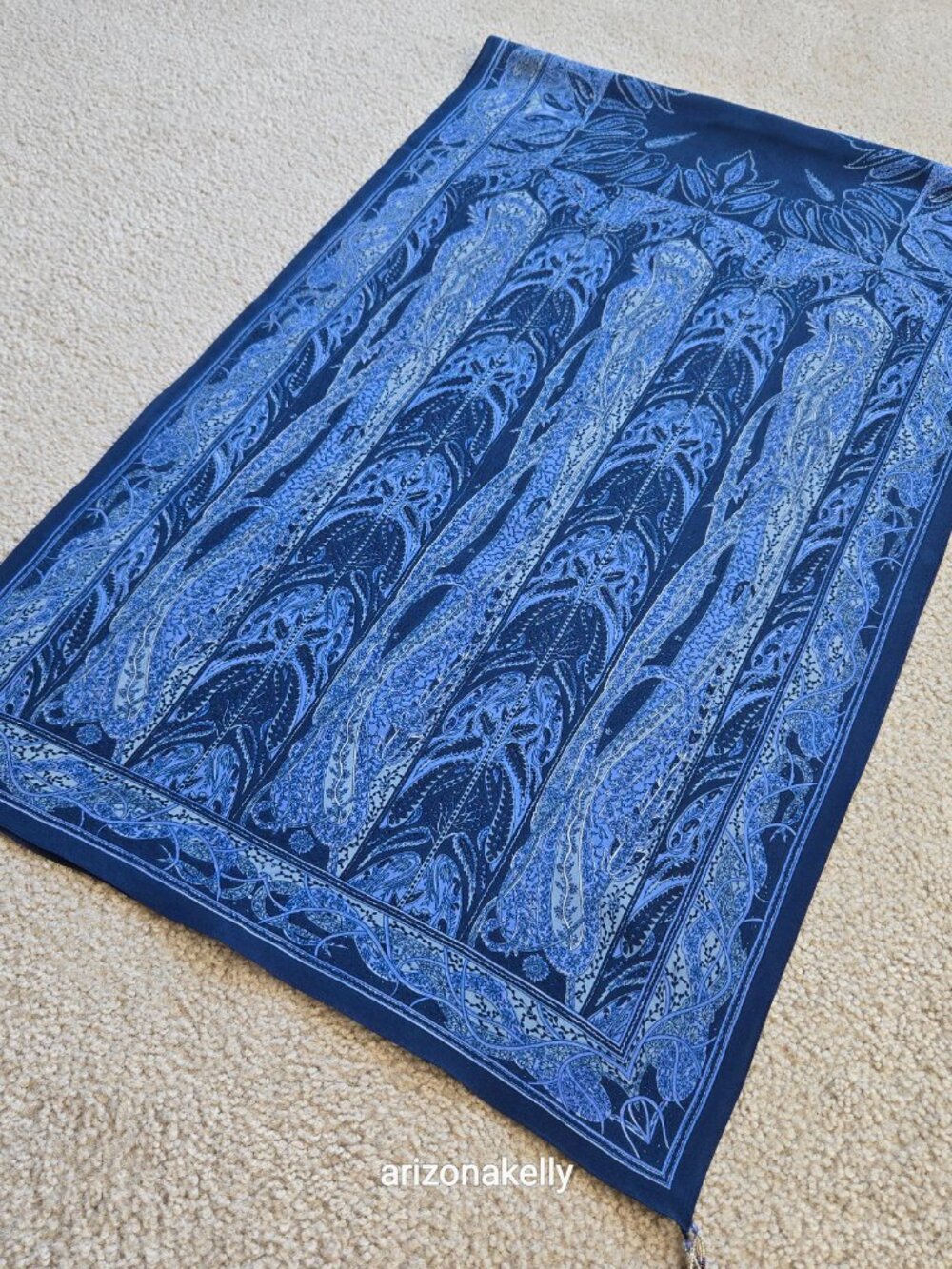 NWOT Blue Silk Oblong Scarf With Beads on Each Corner - Picture 7 of 16